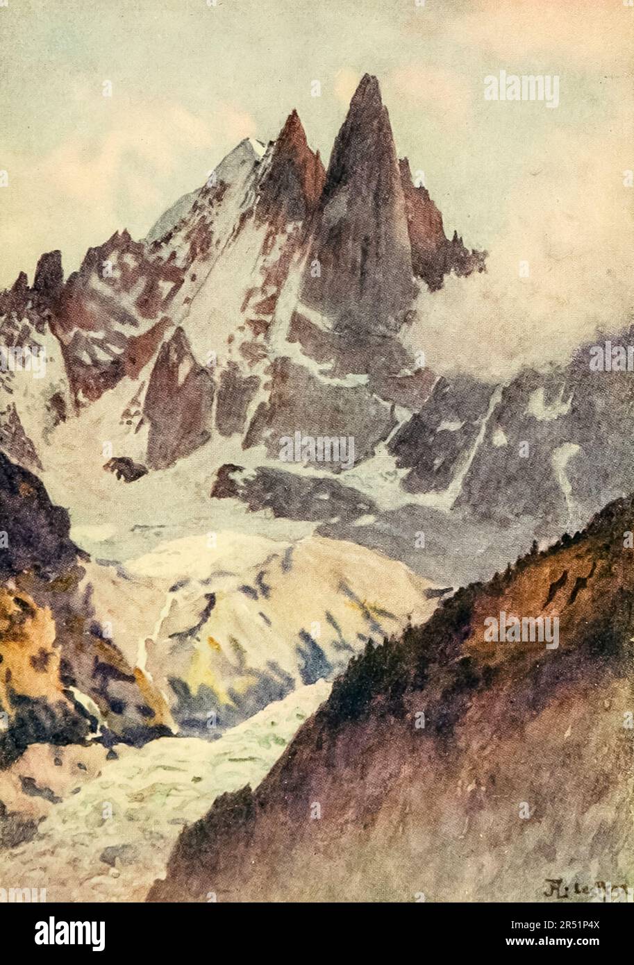 Montenvers and Aiguilles Verte and Dru watercolour painting by J. Hardwicke Lewis and May Hardwicke Lewis from the book ' Geneva ' by Francis Henry Gribble Publication date 1908 in London : by Adam and Charles Black Stock Photo