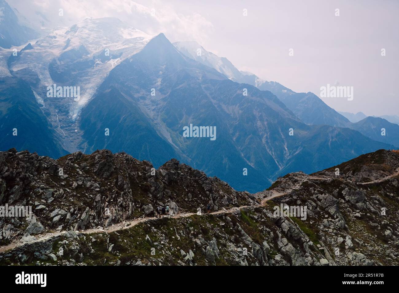 Scenic view of Mont Blanc massif seen from Le Brevent, Aiguille Rouges nature reserve,  Tour de Mont Blanc, Chamonix, French Alps, Haute Savoie Stock Photo