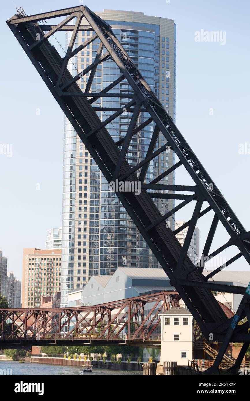 USA, Illinois, Chicago, the North branch Chicago River North Western rail bridge. Stock Photo