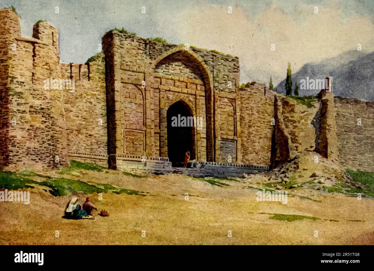 Gate of the Outer Wall, Hari Parbat Fort, Srinagar painted by Major Edward Molyneux from the book ' Kashmir ' by Sir Francis Edward Younghusband, Published in London by Adam & Charles Black in 1911 Stock Photo