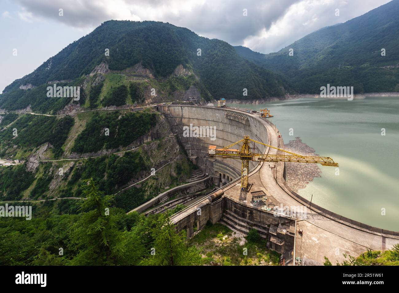 The Enguri hydroelectric power station HES. The wide Inguri River Jvari