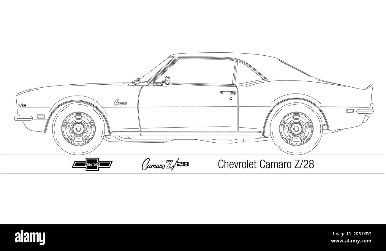 United States, year 1967, Chevrolet Camaro Z28, vintage car, silhouette outlined, illustration Stock Photo