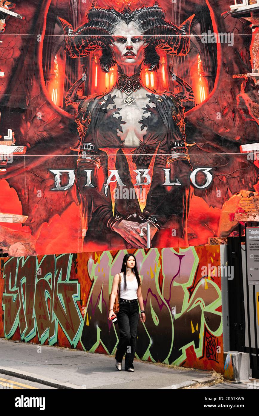 Wall art of Diablo by Blizzard the - side painted playstation building a on game London, UK Alamy in of IV Stock Photo England, Shoreditch