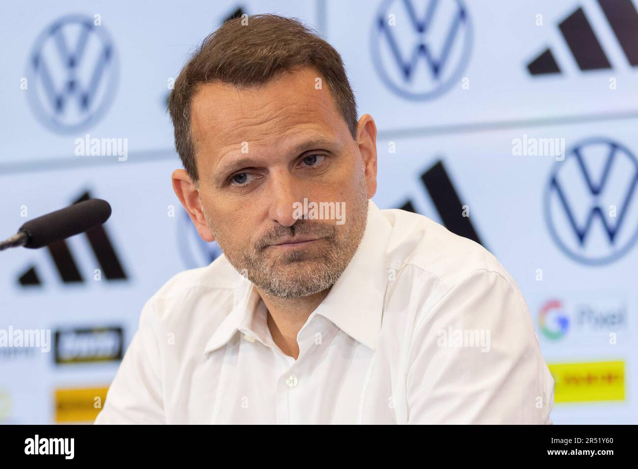 Frankfurt Am Main, Germany. 31st May, 2023. Soccer: Women, national team, Germany, press conference with announcement of preliminary World Cup squad at DFB campus. Panagiotis Chatzialexiou, Sporting Director National Teams, takes part in a press conference. Credit: Jürgen Kessler/dpa/Alamy Live News Stock Photo