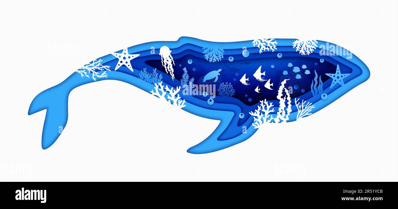 Sea whale silhouette on underwater paper cut landscape, vector seaweeds ...
