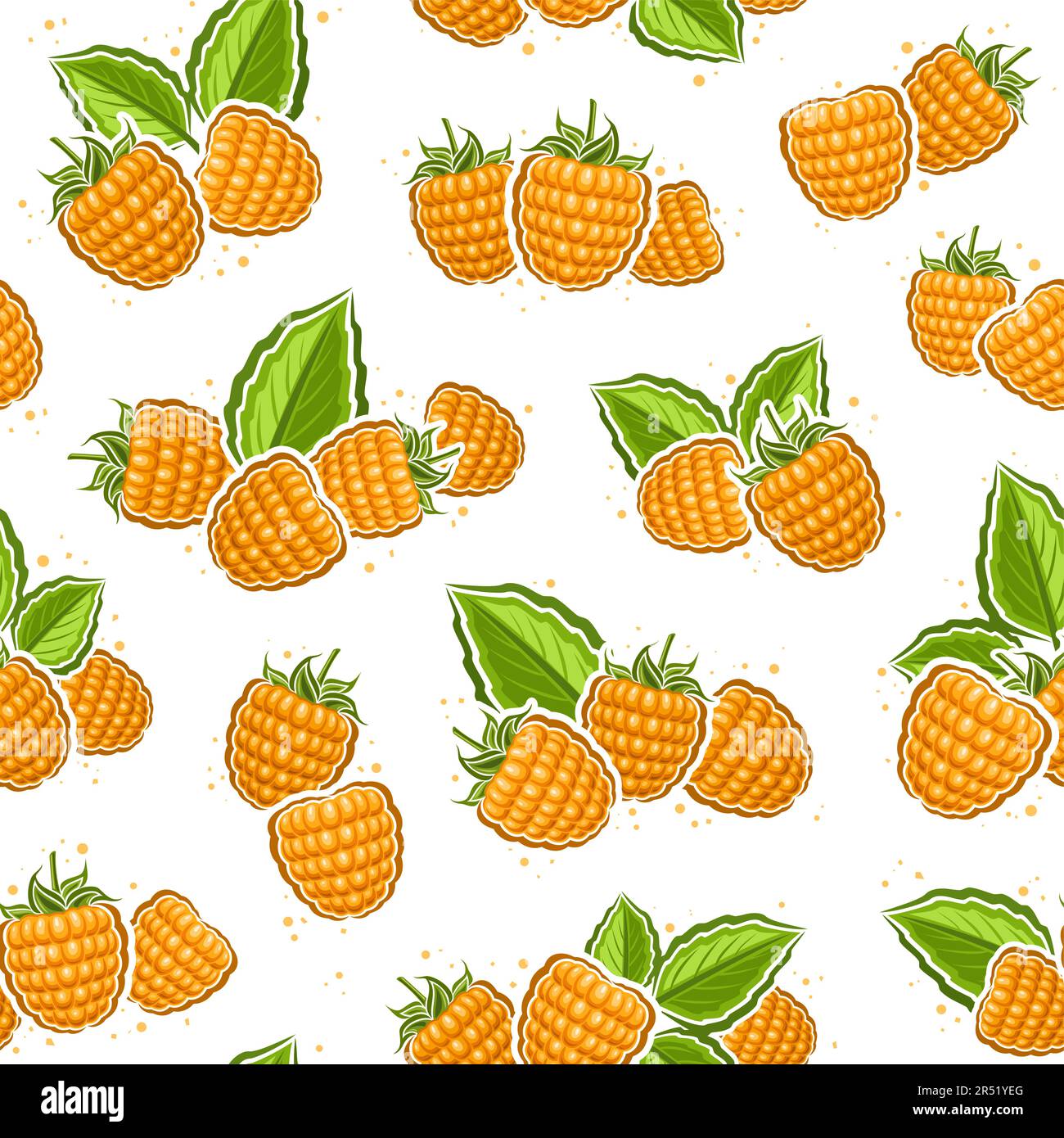 Vector Yellow Raspberry seamless pattern, repeat background with illustration of raspberries still life composition with green leaves for wrapping pap Stock Vector