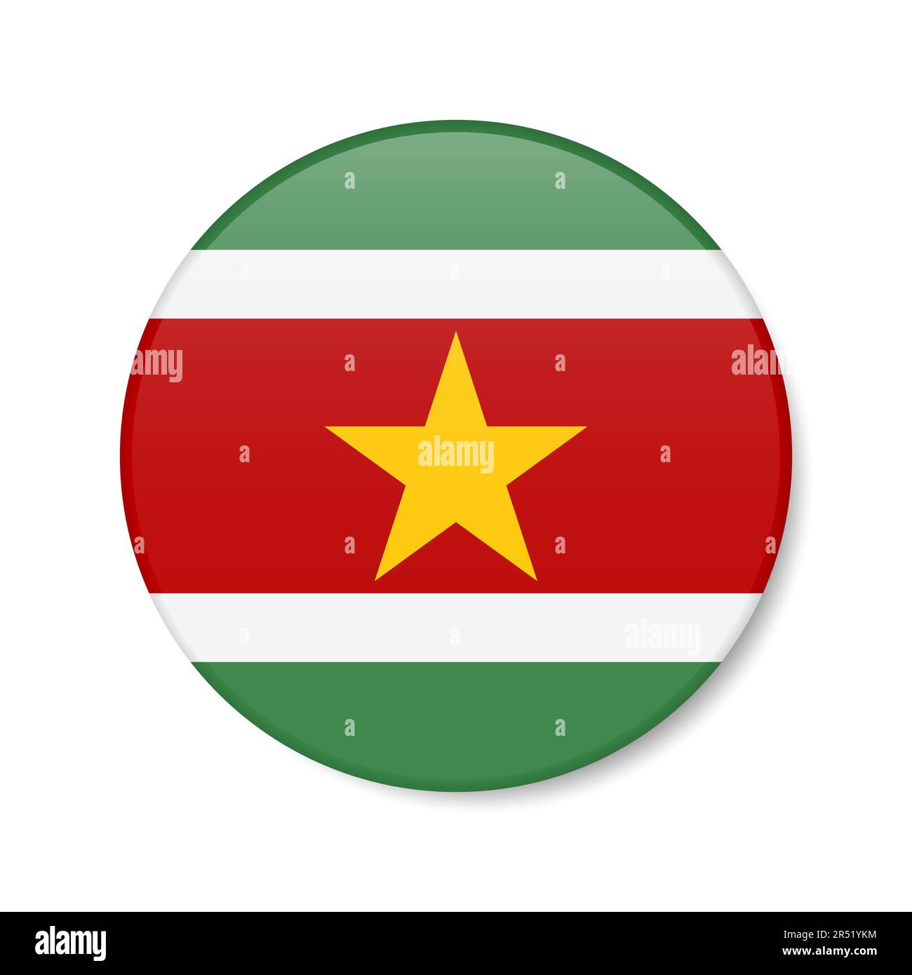 Suriname circle button icon. Surinamese round badge flag with shadow. 3D realistic vector illustration isolated on white. Stock Vector