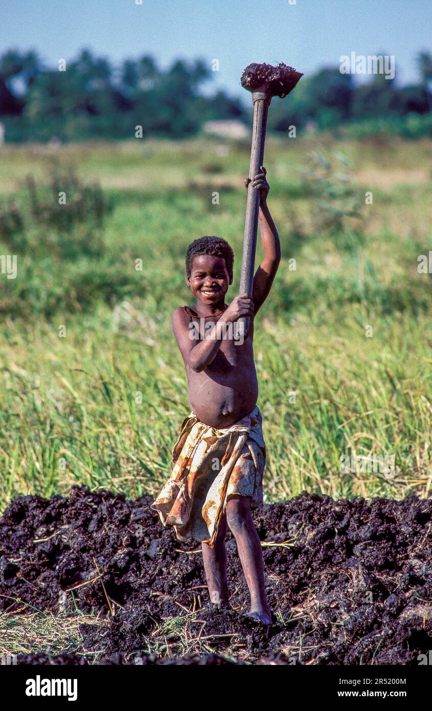 Mozambique, A girl is working on the land, using a hoe for ploughing. Stock Photo