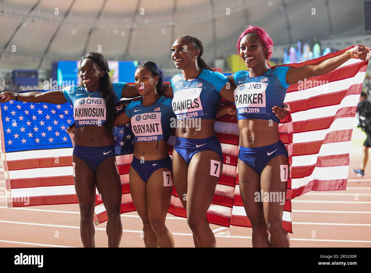 USA team running the 4x100m relay at the 2019 World Athletics