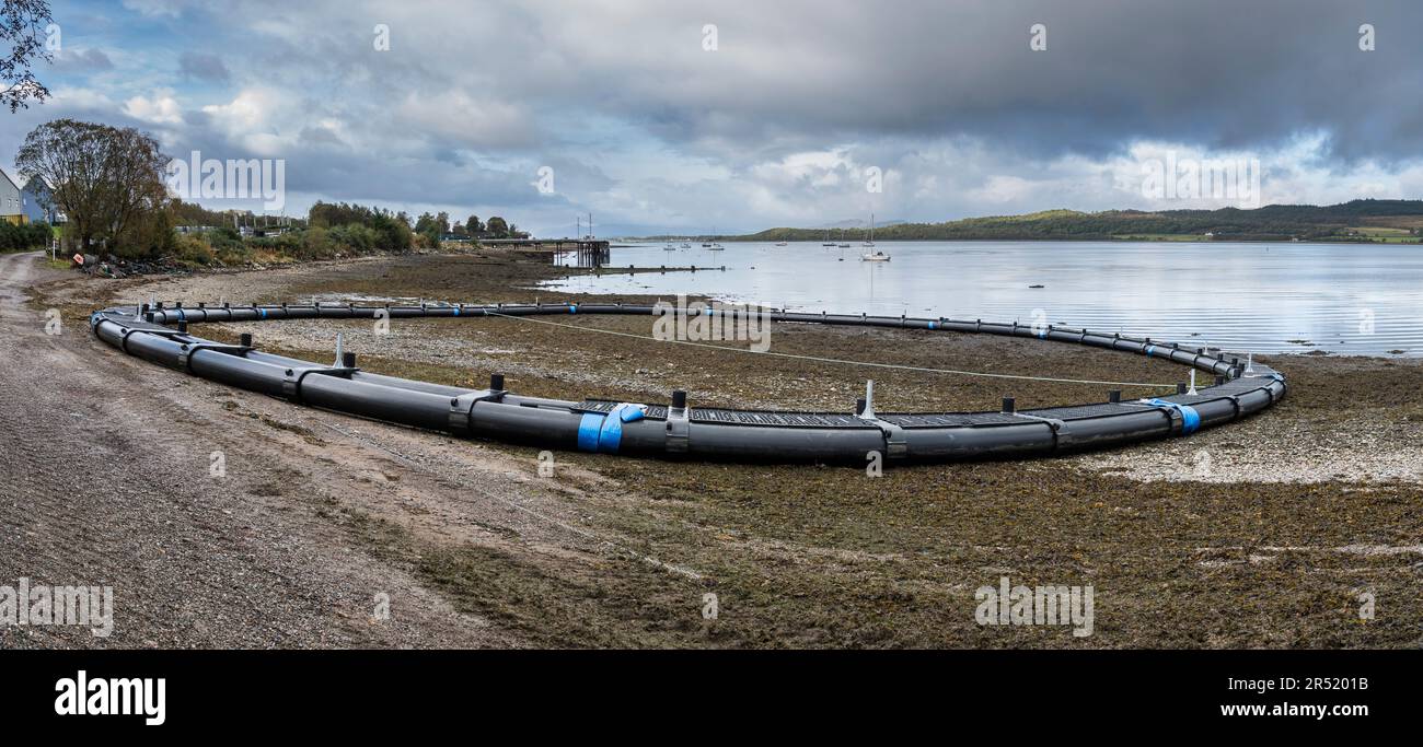 Panorama of shore, pier and Loch Creran sea loch with fish farming pontoon enclosure being assembled on beach and industrial buildings in background Stock Photo