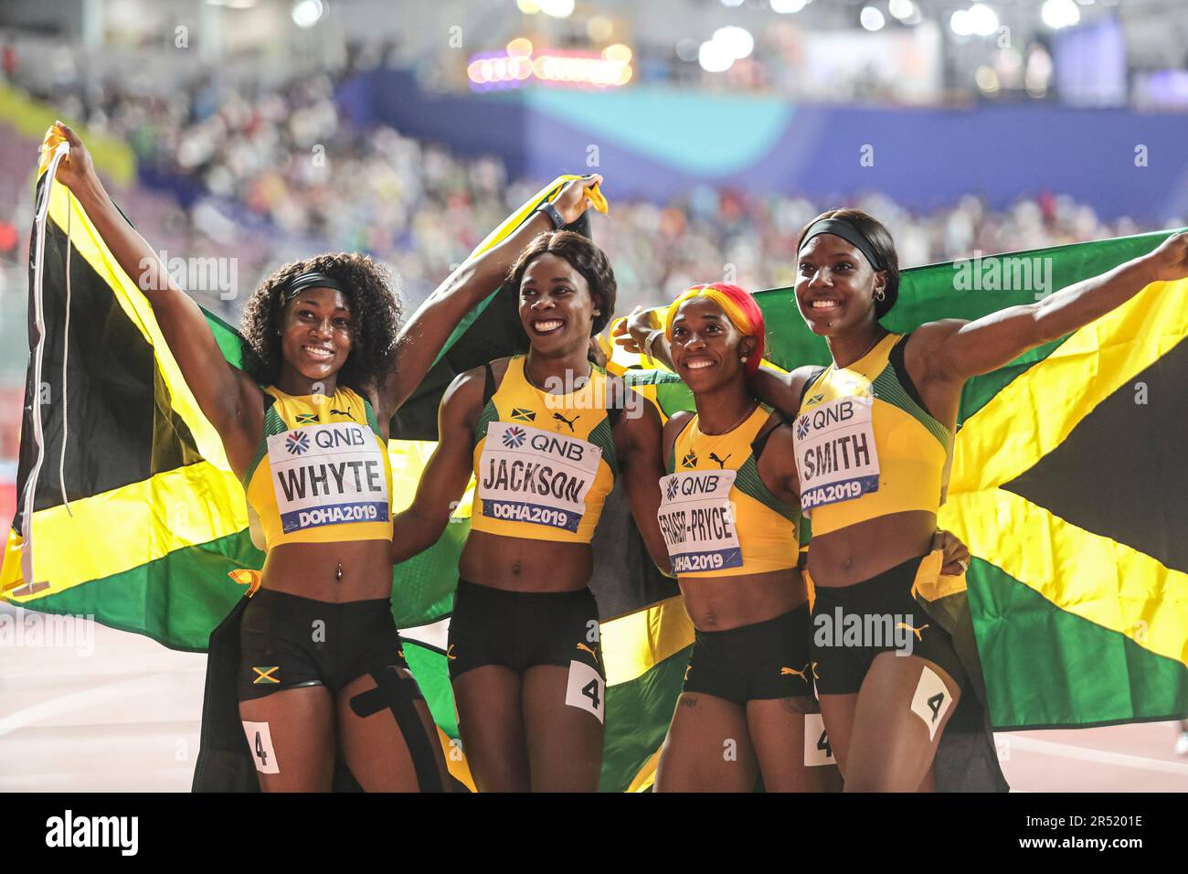 Jamaica Team Woman running the 4x100m relay at the 2019 World Athletics