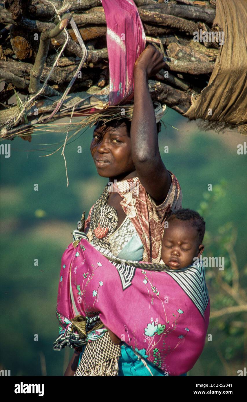 Mozambique, Xai-Xai; Portrait of mother carrying firewood on the head ...