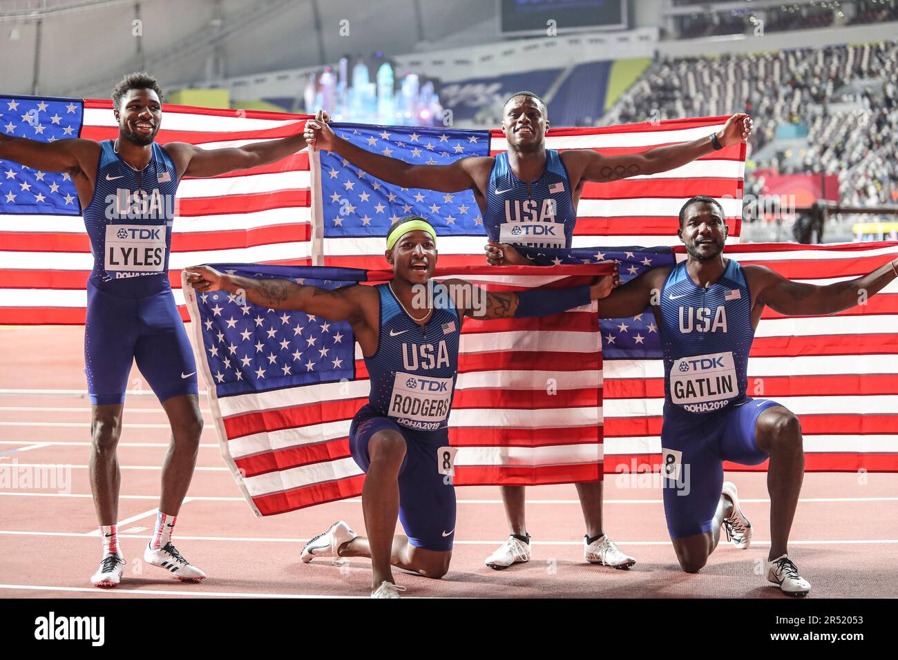 USA Team Mens running the 4x100m relay at the 2019 World Athletics
