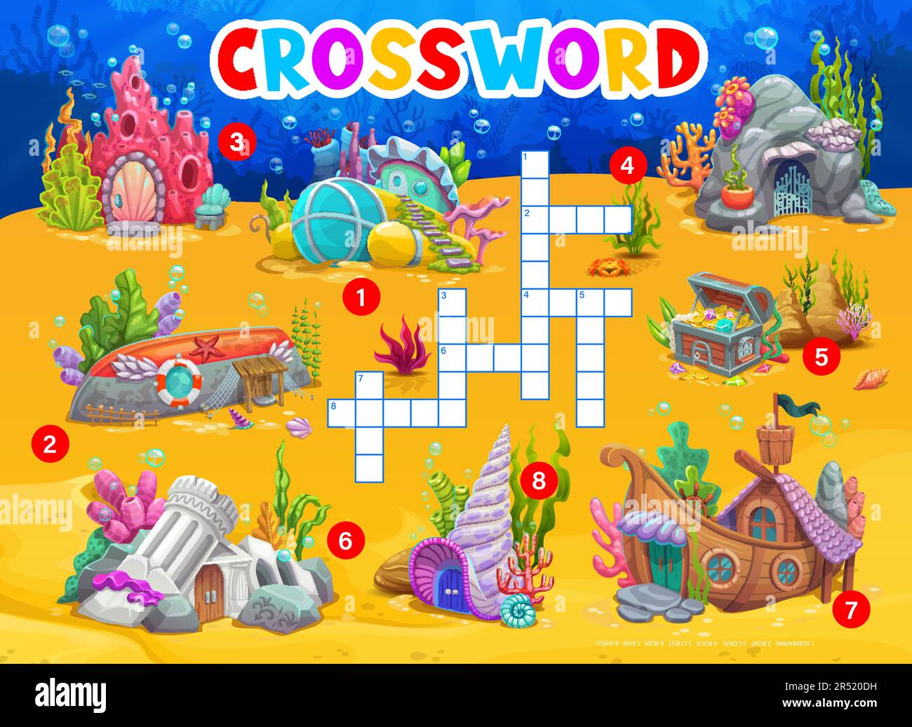 Cartoon underwater landscape with house buildings, crossword quiz game