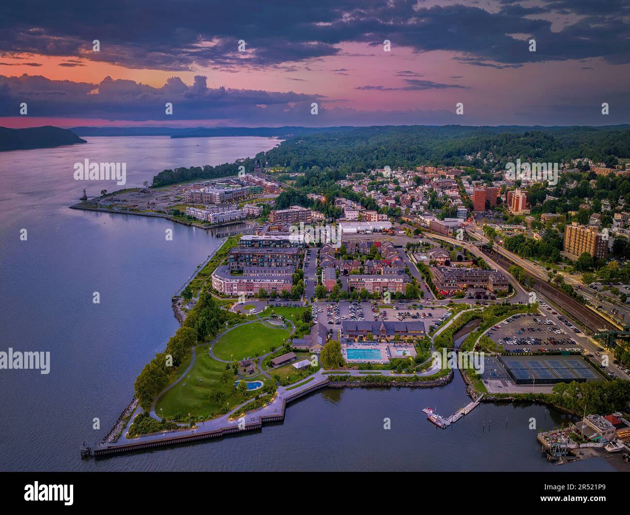 Sleepy Hollow Tarrytown NY - Aerial view during sunset.   The village of Tarrytown is in the town of Greenburgh in Westchester County, New York, Unite Stock Photo