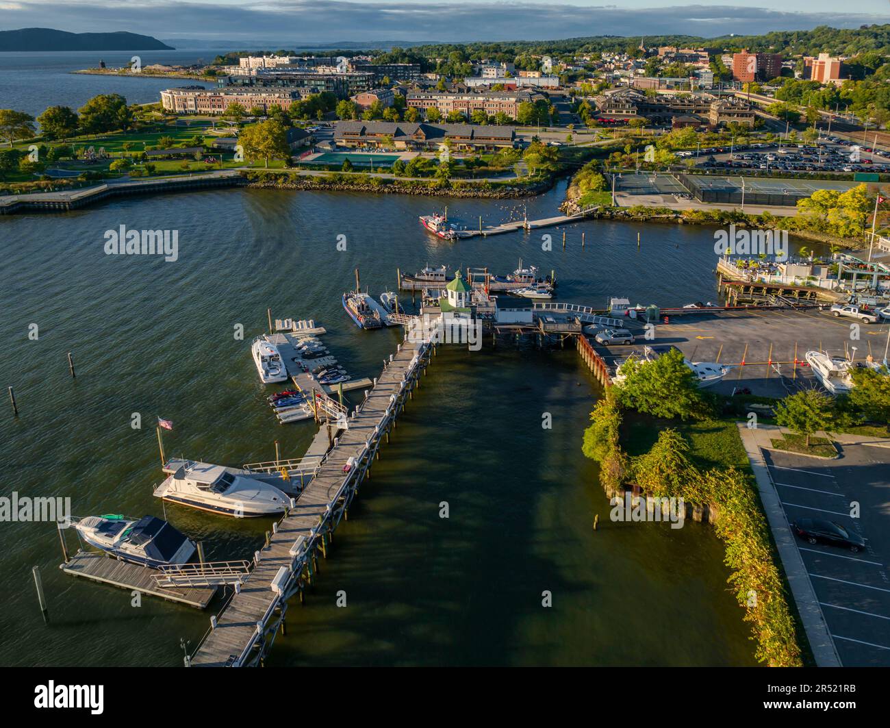 Tarrytown Sleepy Hollow NY - Aerial view during sunset.   The village of Tarrytown is in the town of Greenburgh in Westchester County, New York, Unite Stock Photo