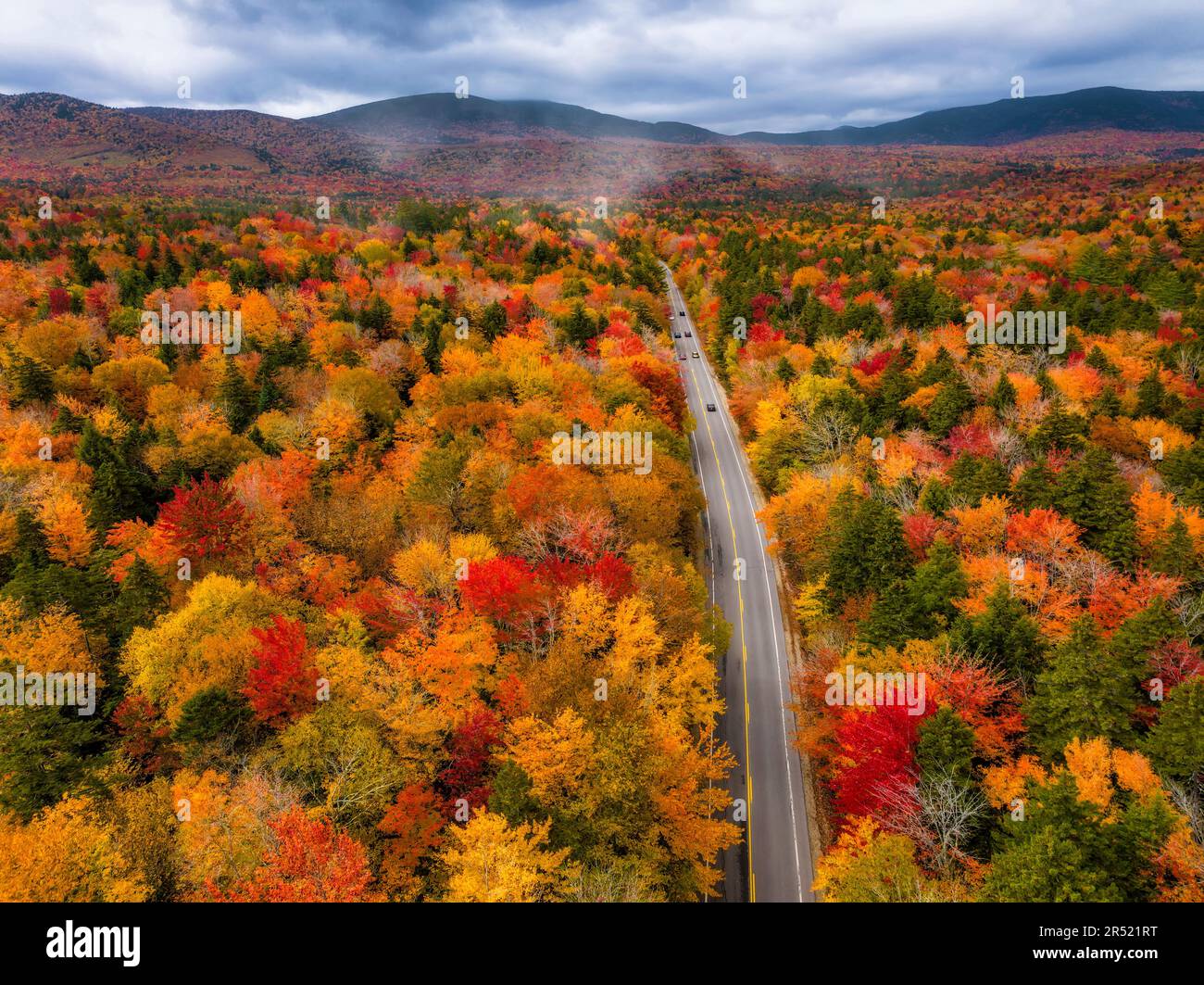 White Mountains NH Fall Foliage Aerial view of the autum peak colors