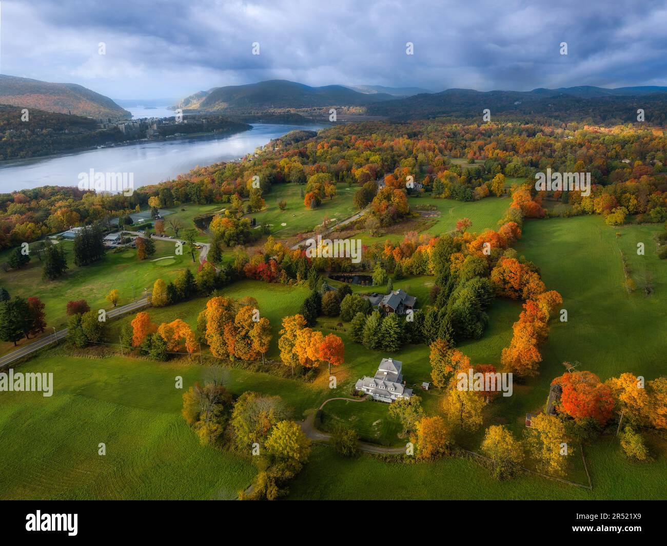 Hudson Valley NY Aerial - Aerial view during the fall foliage colorful season of the mid Hudson Valley area of New York.   This image is also availabl Stock Photo