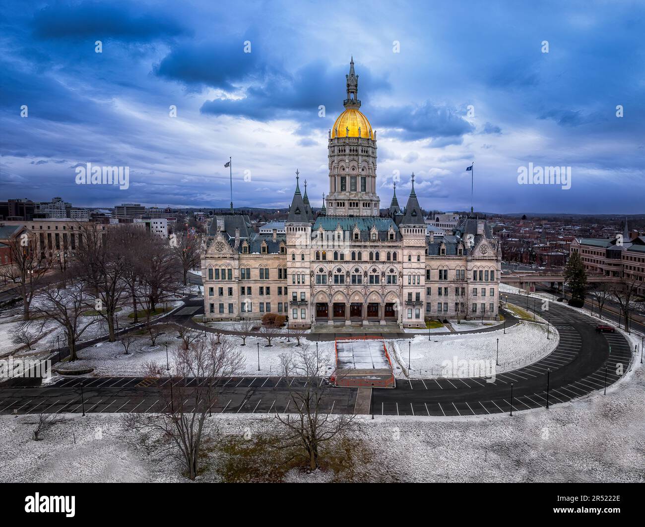 Connecticut State Capitol - Aerial view to the Connecticut State Capitol's grandiose and majestic structure that stands tall in the city of Hartford. Stock Photo