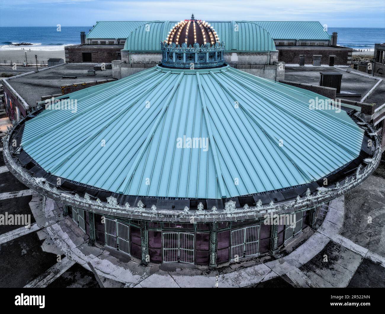 Asbury Park Carousel House - Aerial view to the historic Asbury Park's Carousel House with Asbury Park Beach and boardwalk in the background.  This im Stock Photo