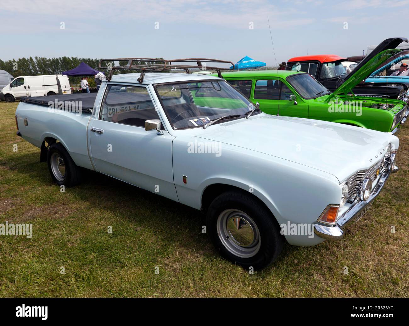 Side view of a Blue, 1973, Mk III,  Ford Cortina Pick-up, on display at the 2023, Deal Classic Car Show Stock Photo