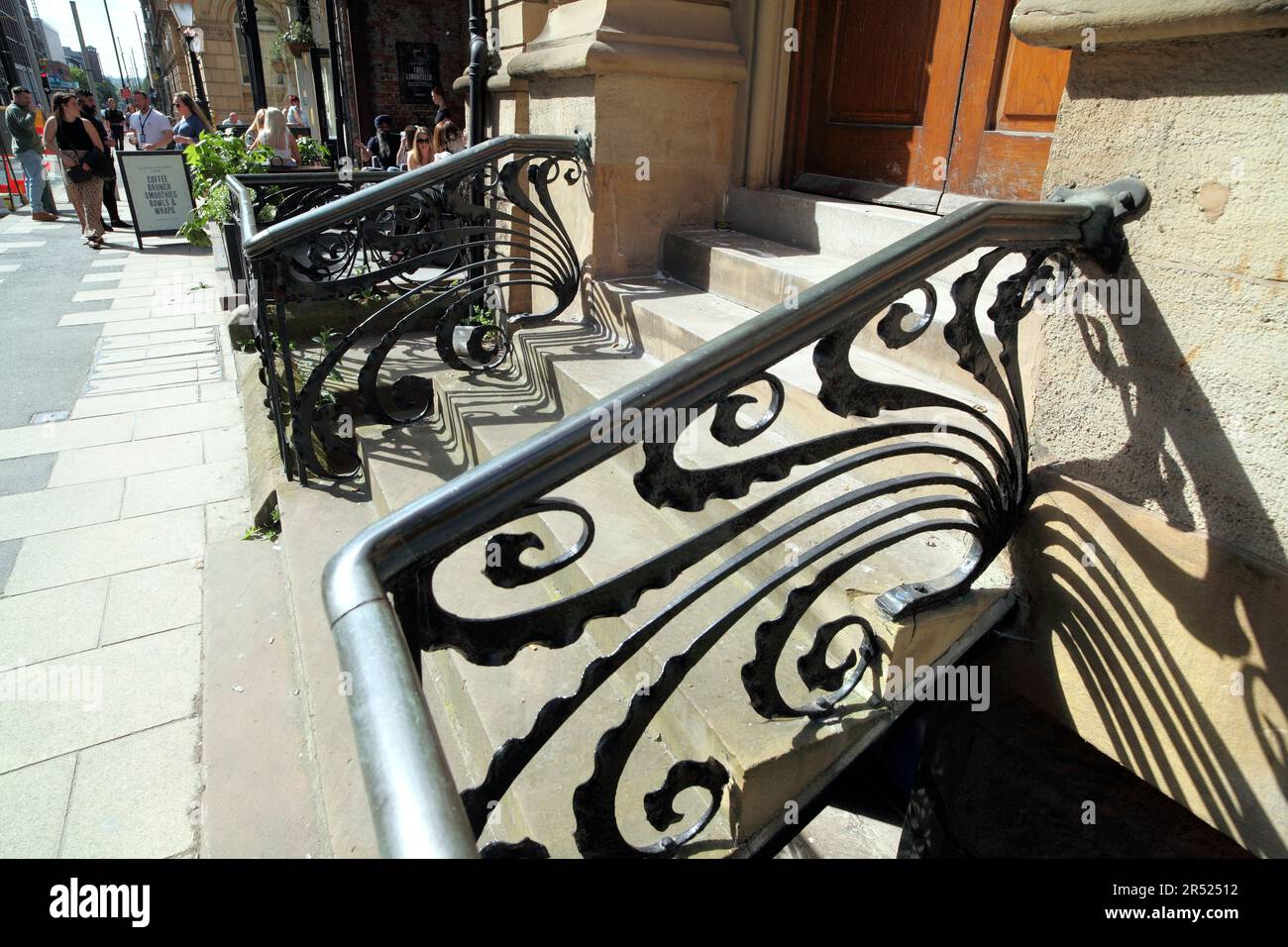 Art Nouveau railings outside Queen's House, an office building on Wellington Street, Leeds. Stock Photo