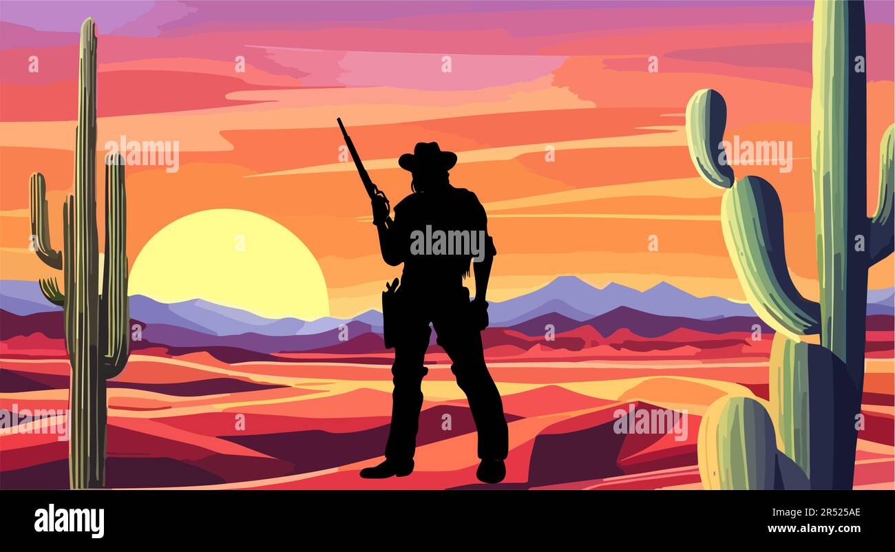 Silhouette of a cowboy standing with gun at Desert Stock Vector Image ...