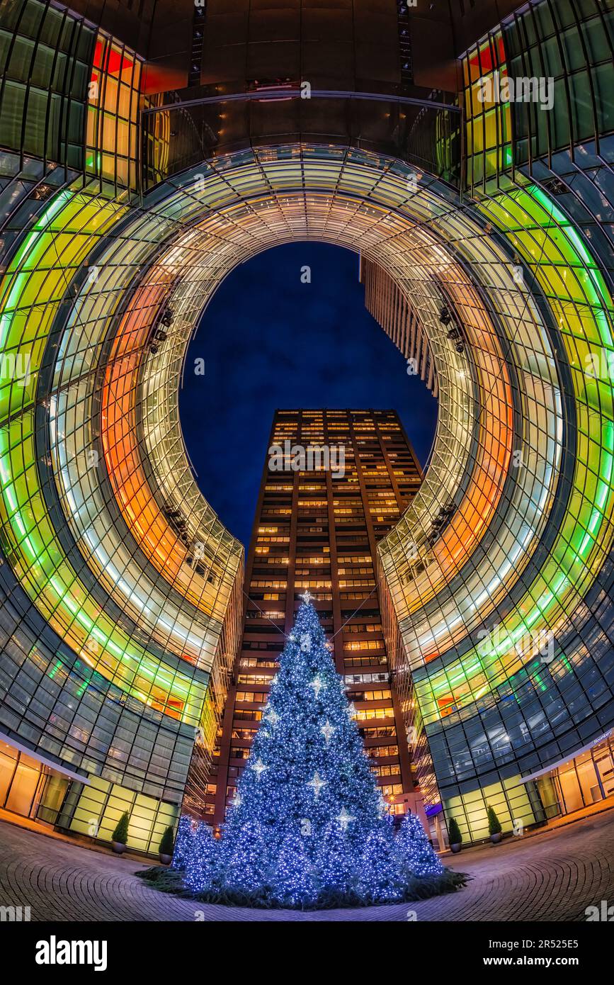 Bloomberg Tower Christmas NYC- View to the glass architecture of the Bloomberg Headquarters in the East side of Midtown Manhattan in New York City. Stock Photo
