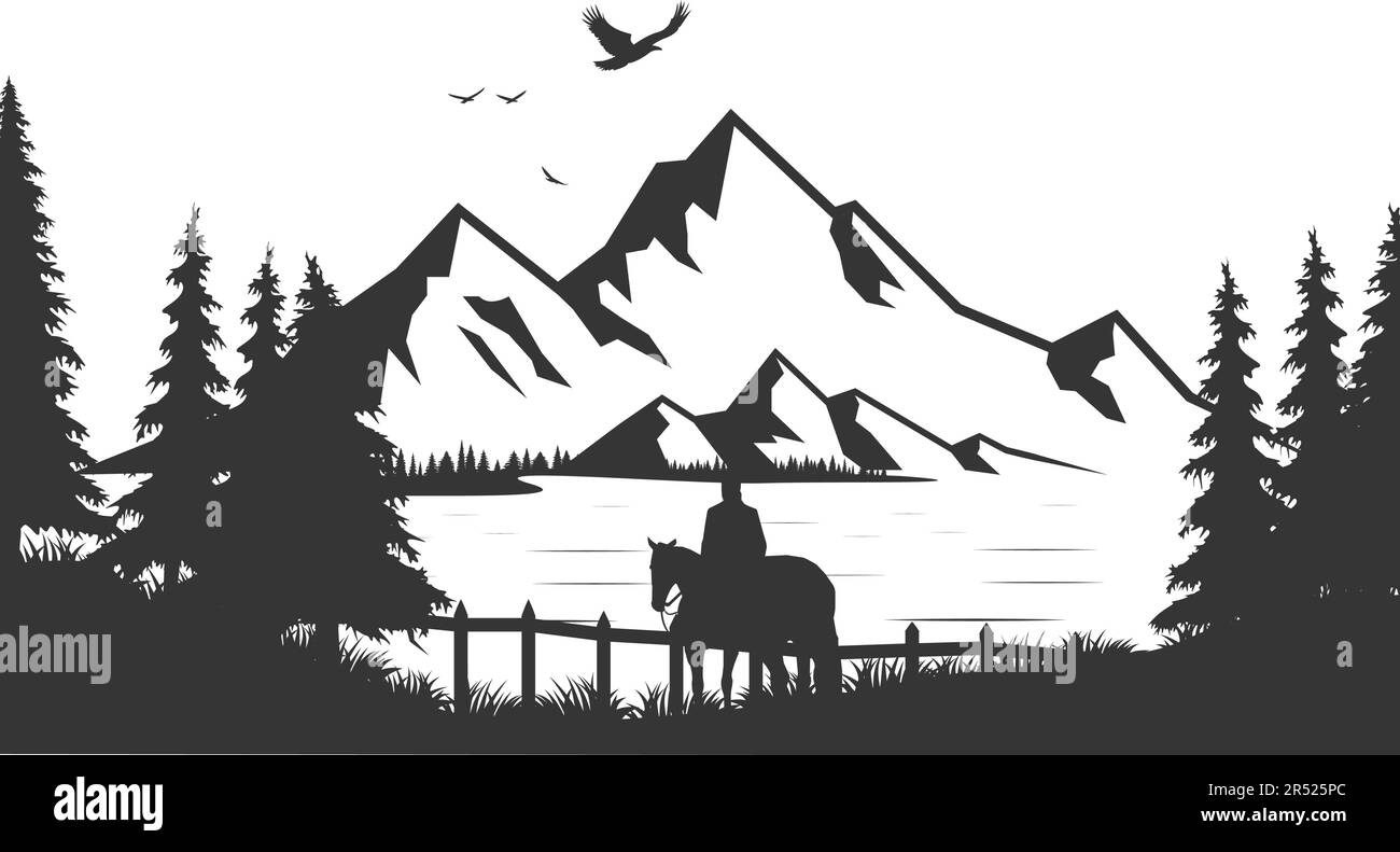 Hand Drawn black and white mountain landscape vector illustration with ...
