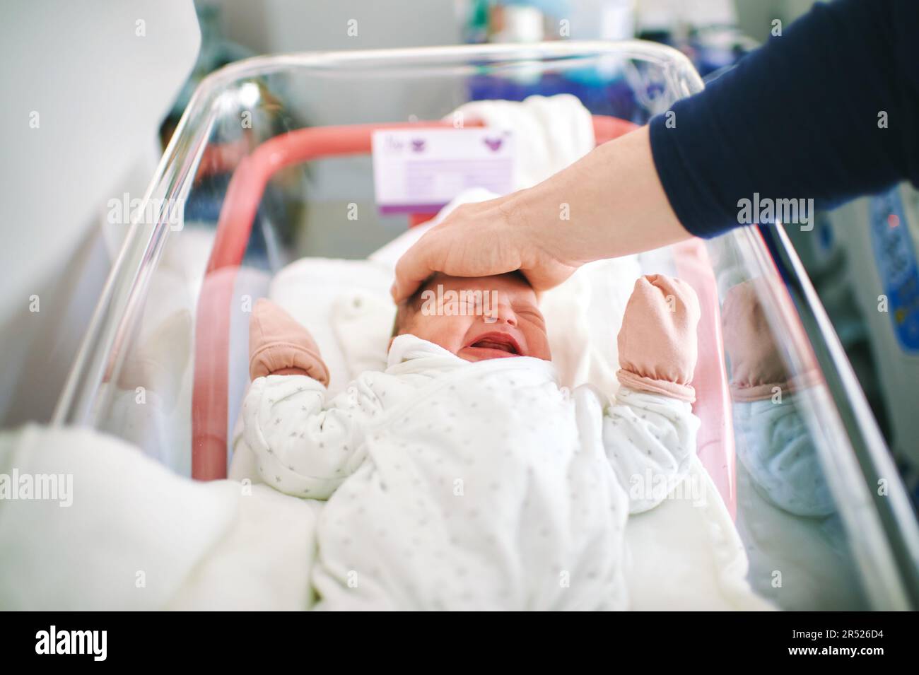 Newborn crying baby in hospital crib, father trying to calm down infant