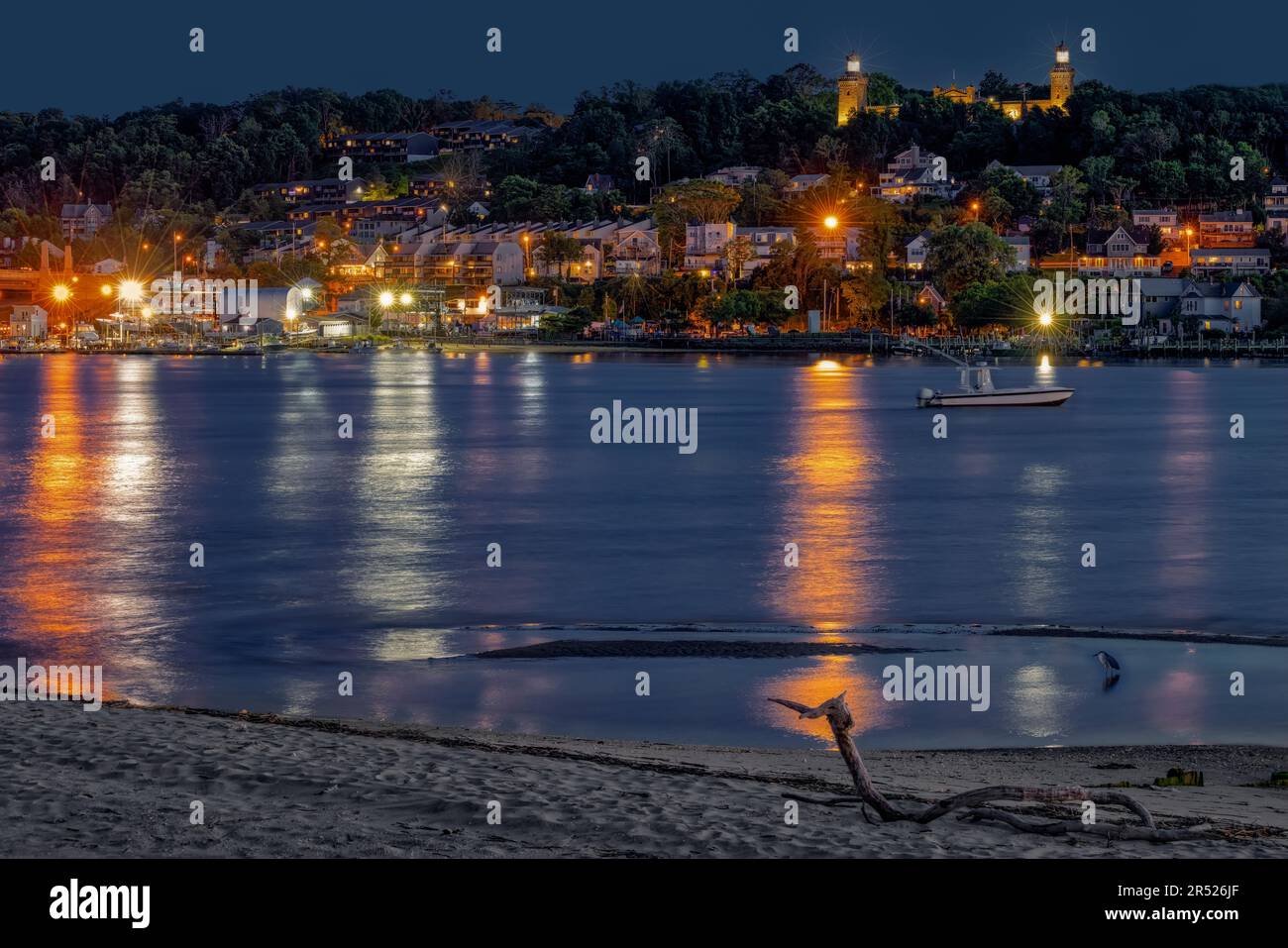 Navesink Twin Lights - Twilight view to the illuminated Lighthouses towers. Stock Photo