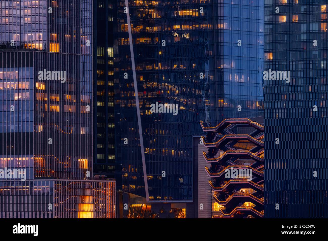 Hudson Yards Vessel NYC  - close view to the illuminated Vessel in Hudson Yards which is a new real estate development in the Chelsea and Hudson Yards. Stock Photo