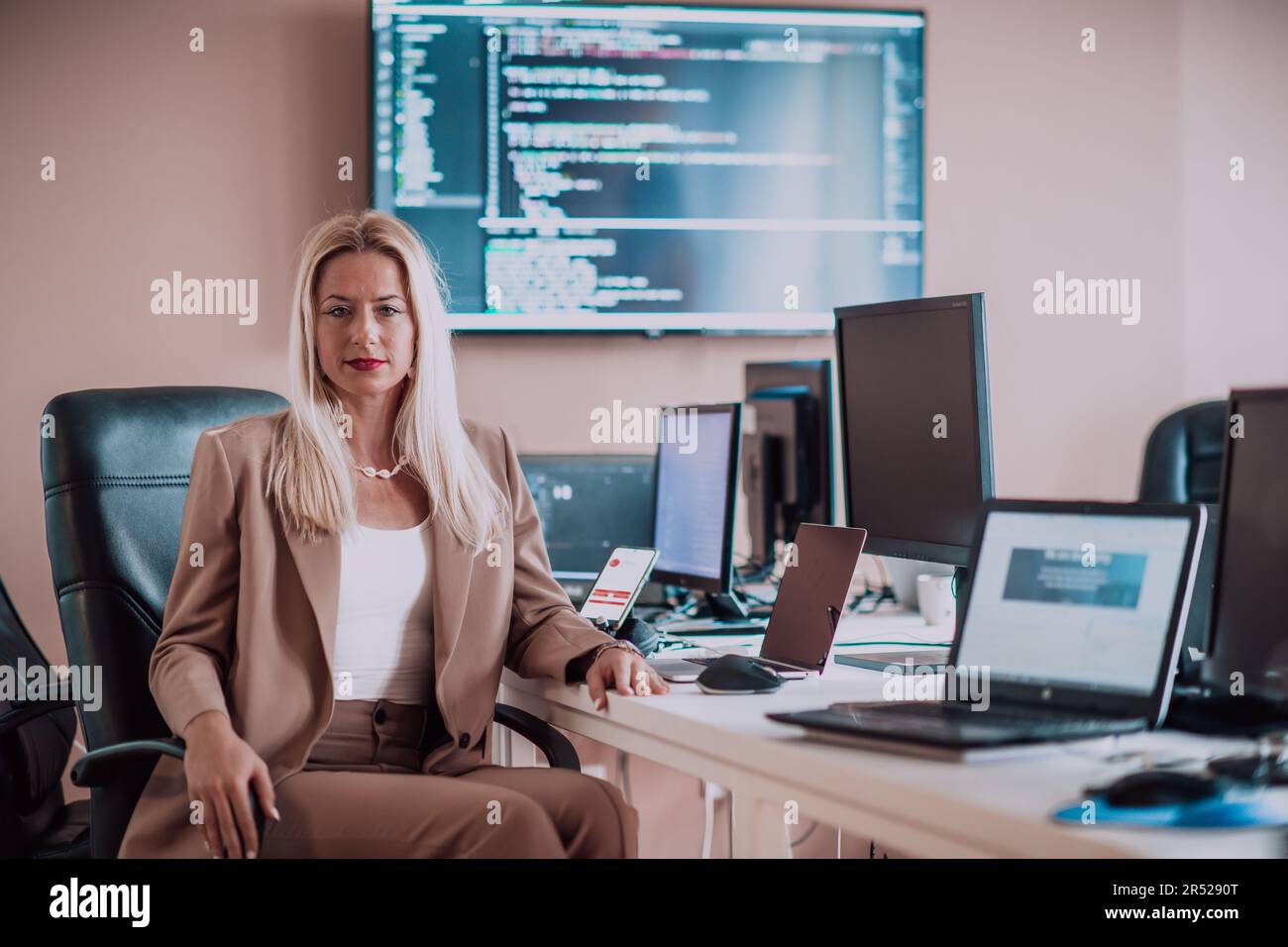 A businesswoman sitting in a programmer's office surrounded by ...