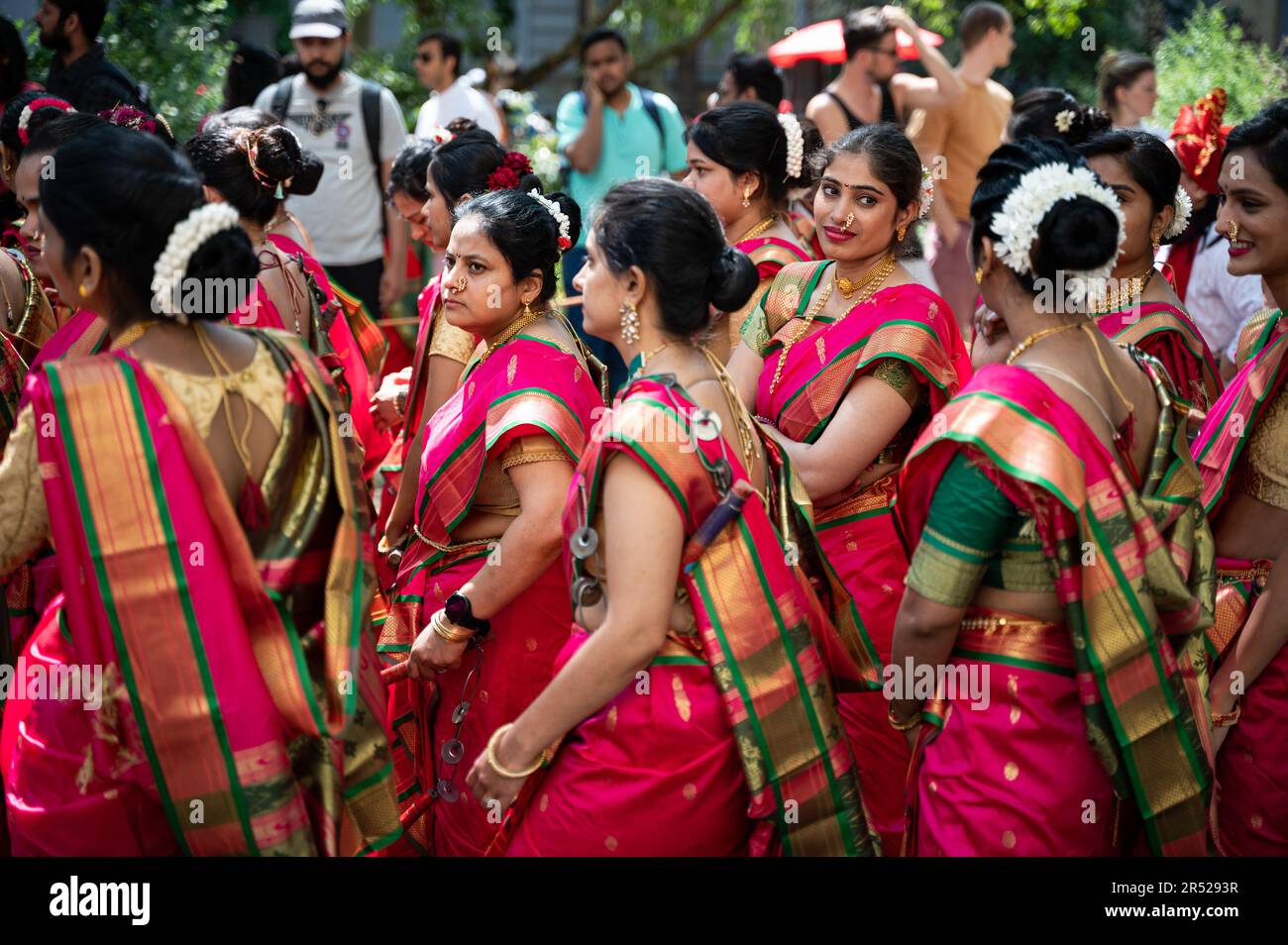 28.05.2023, Berlin, Germany, Europe - Participants of the Indian community wearing traditional sari dresses at the Carnival of Cultures in Kreuzberg. Stock Photo