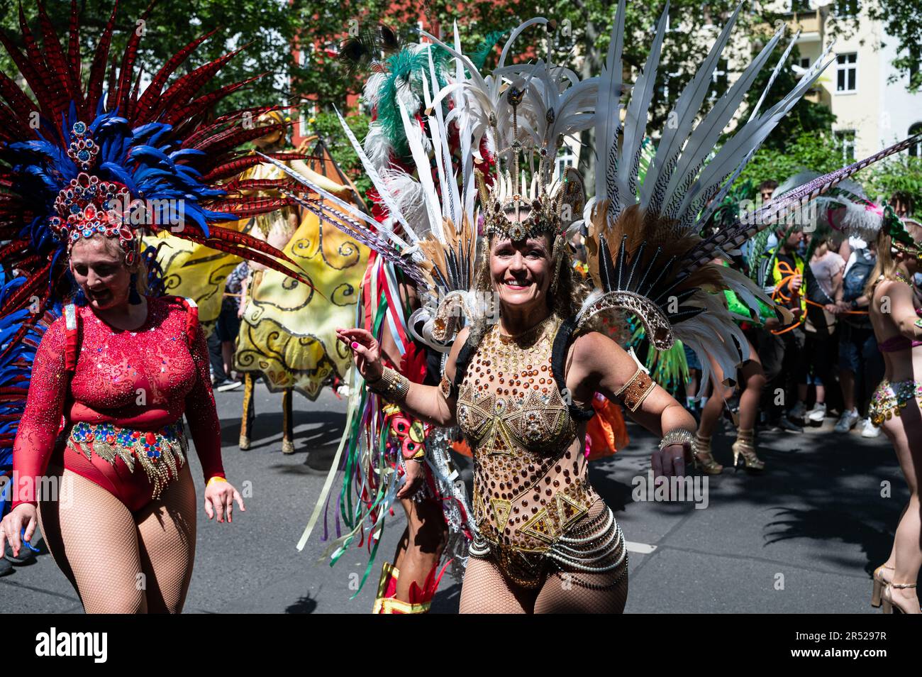 28.05.2023, Berlin, Germany, Europe - Participants of a dance group perform at the Carnival of Cultures in Berlin's locality of Kreuzberg. Stock Photo