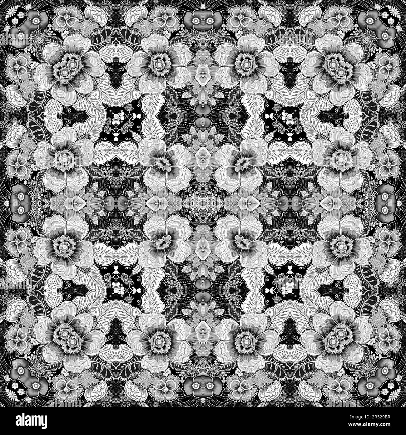 Intricate black and white lace folk flower pattern with an elegant ...