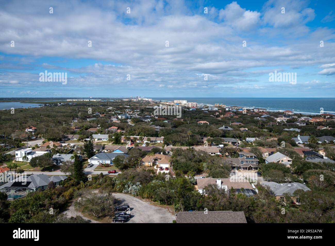 Aerial cityscape view of Ponce Inlet Florida and the Atlantic Ocean ...