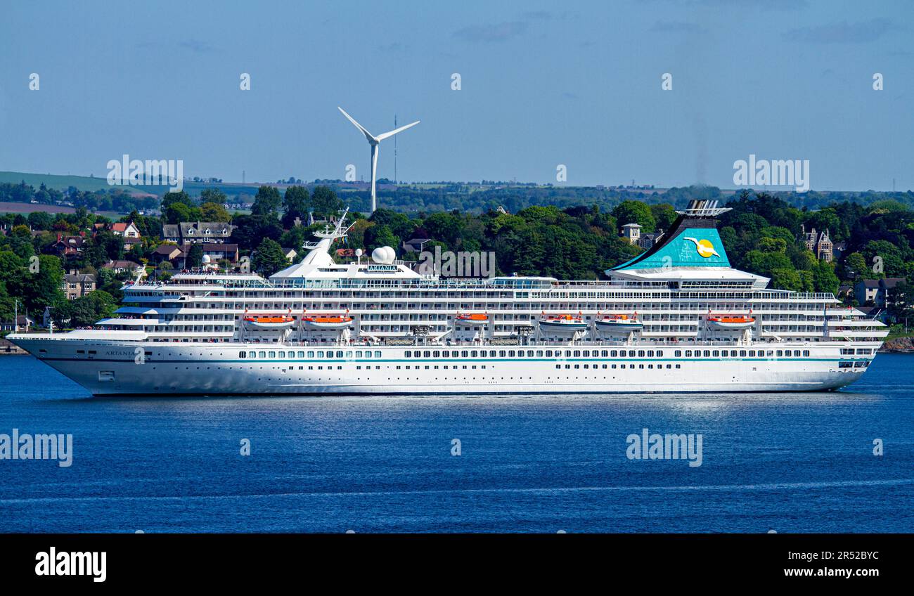 On 30th May, 2023 the German Phoenix Reisen Artania Cruise Line's cruise ship arriving in Dundee, Scotland Stock Photo