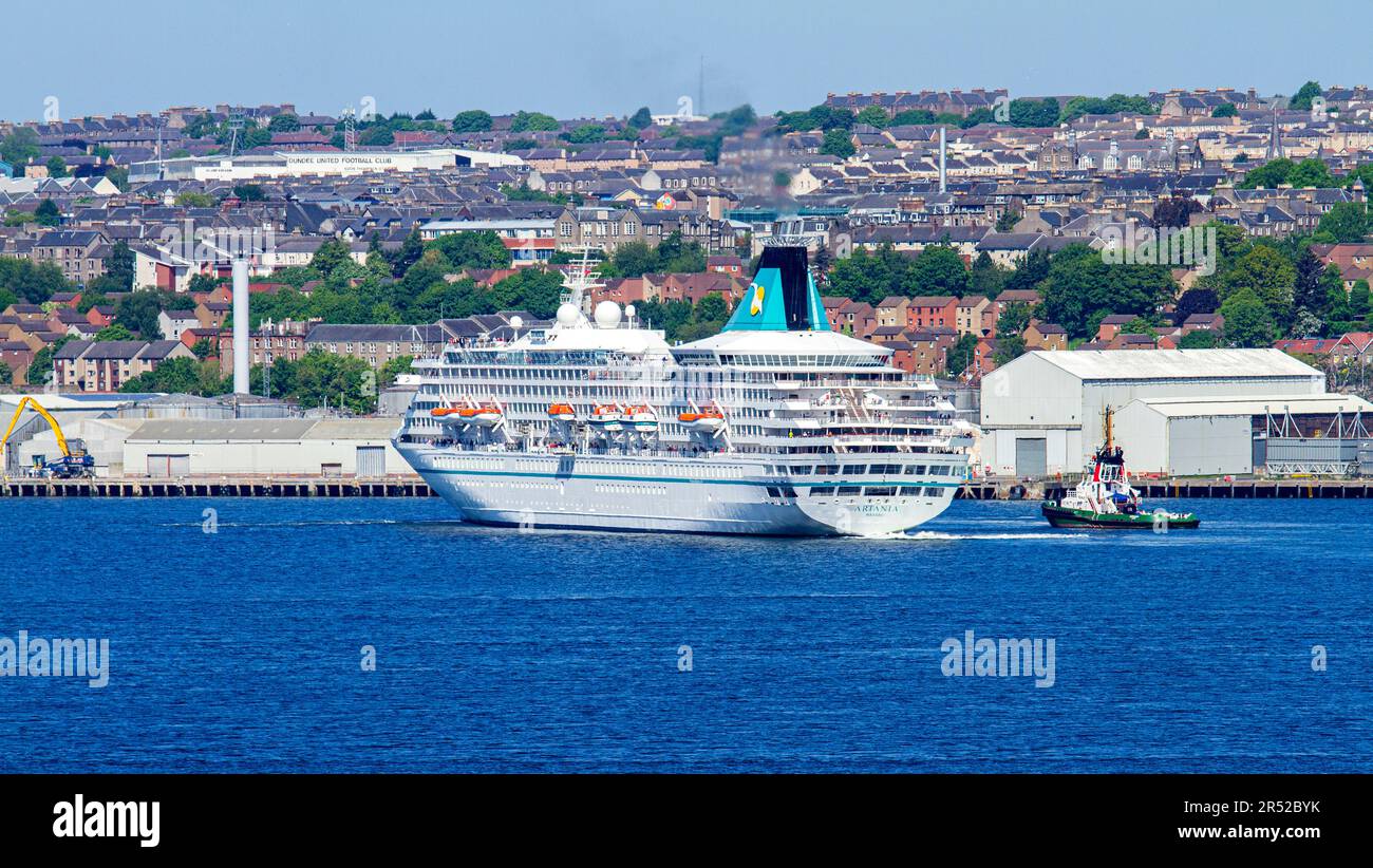 On 30th May, 2023 the German Phoenix Reisen Artania Cruise Line's cruise ship arriving in Dundee, Scotland Stock Photo