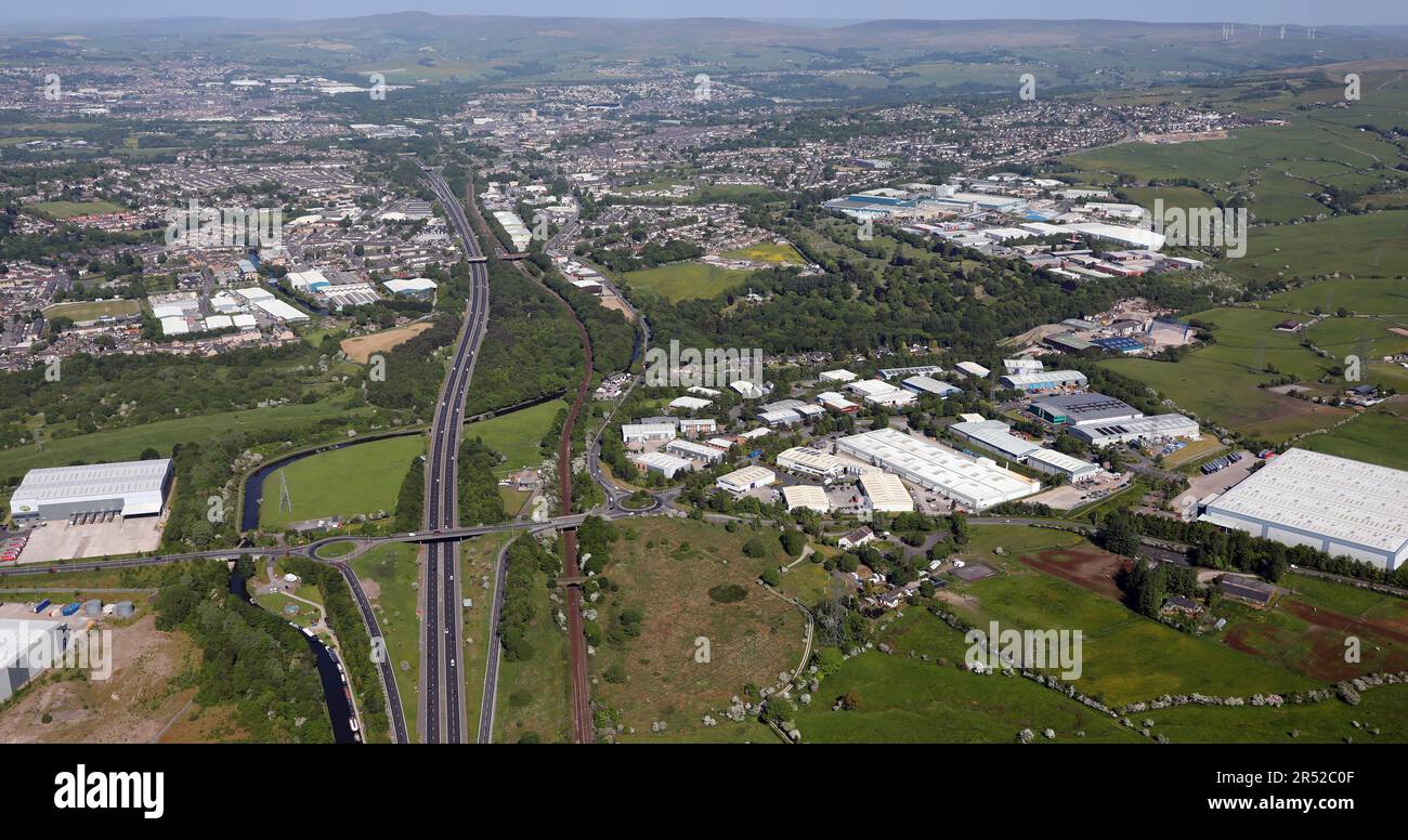 aerial view of Network 65 Business Park, Burnley BB11 5ST, Lancashire Stock Photo