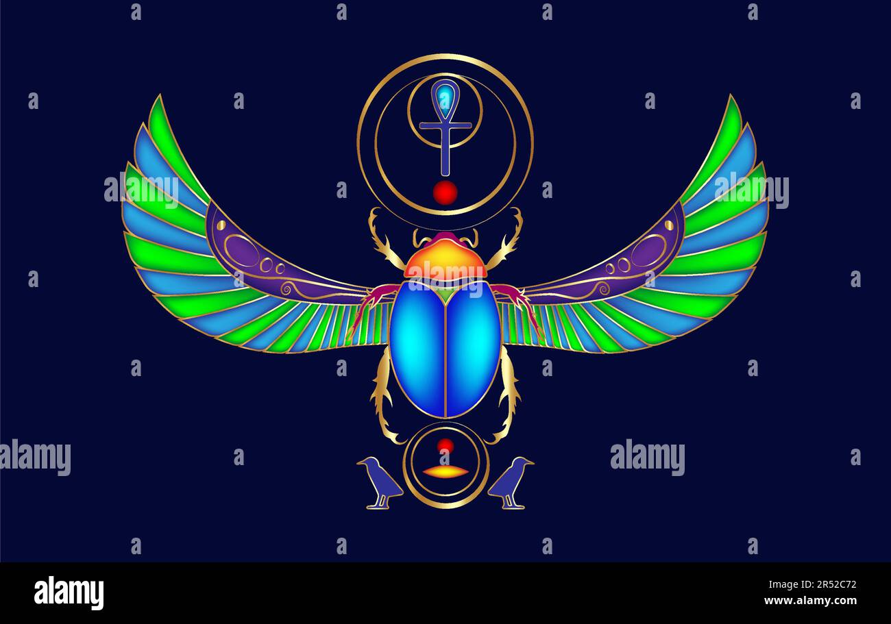 egyptian sacred Scarab colorful design on precious stones, logo beetle with wings. Vector illustration, personifying the god Khepri. Symbol Stock Vector