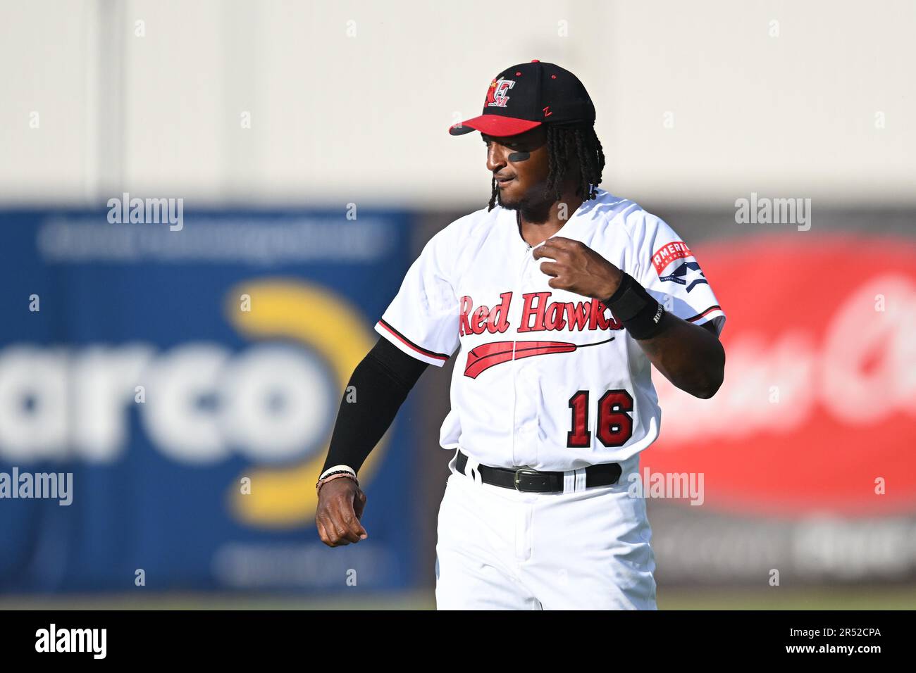 Fargo, ND, , May 30, 2023. FM RedHawks infielder Correlle Prime (16) warms up beforeg the FM Redhawks game against the Sioux Falls Canaries in American Association professional baseball at Newman Outdoor Field in Fargo, ND on Tuesday, May 30, 2023. Sioux Falls won 4-2.Photo by Russell Hons/CSM(Credit Image: © Russell Hons/Cal Sport Media) Stock Photo