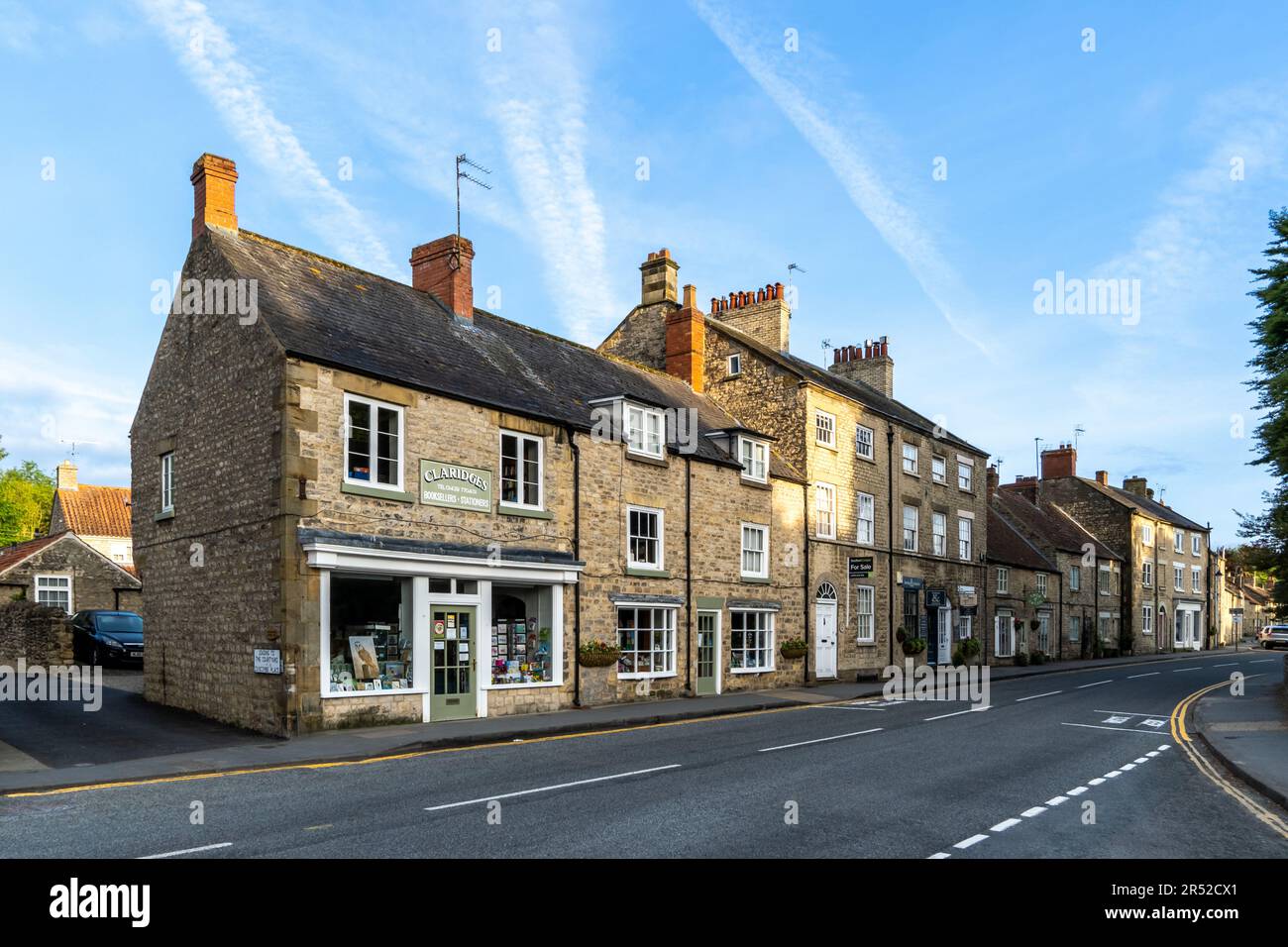 HELMSLEY, UK - MAY 29, 2023.  Landscape panorama of small independent shops in the popular tourist town of Helmsley in North Yorkshire Stock Photo