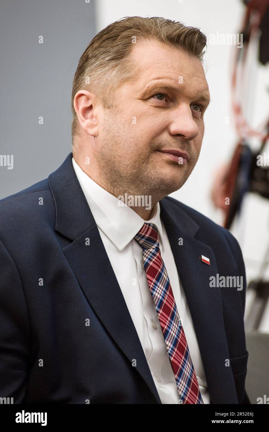 Minister of Education and Science, Przemyslaw Czarnek is seen during a  press conference. In Warsaw, during a press conference, the Minister of  Education and Science - Przemyslaw Czarnek and the president of
