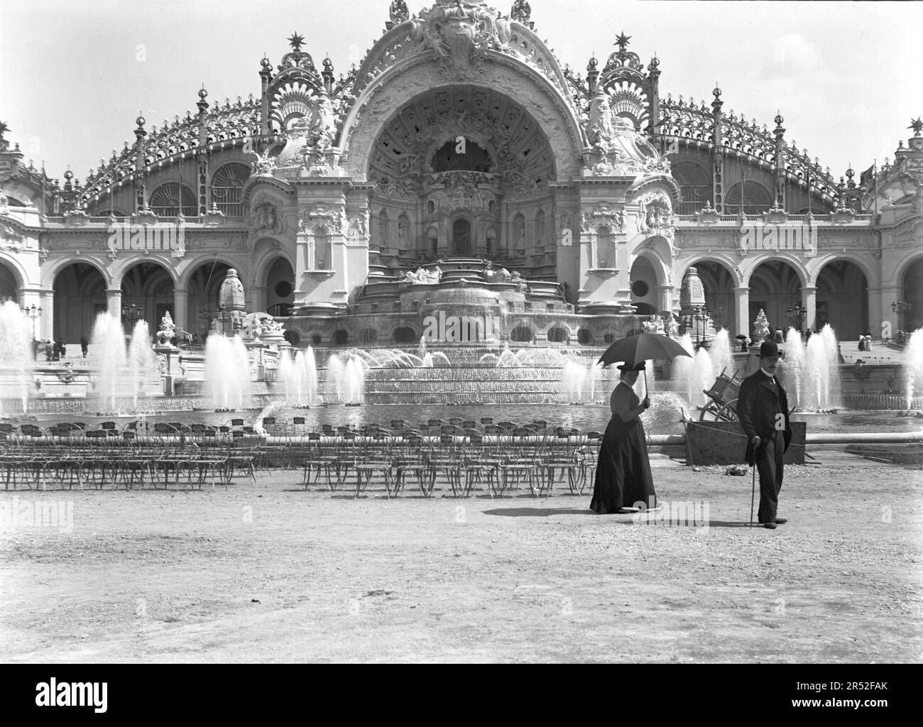 Gateway to the Universal Exhibition in Paris of 1900. Black and white photo restored and digitized from glass plate. Stock Photo