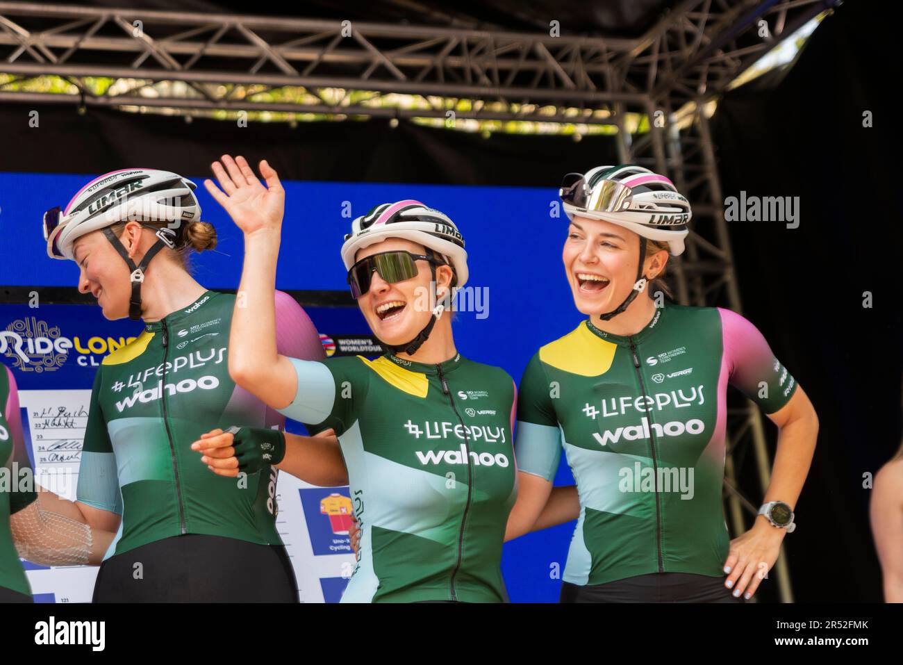 April Tacey & Lifeplus Wahoo team riders before the RideLondon Classique Stage 3 UCI Women's World Tour cycle race around roads in central London, UK. Stock Photo