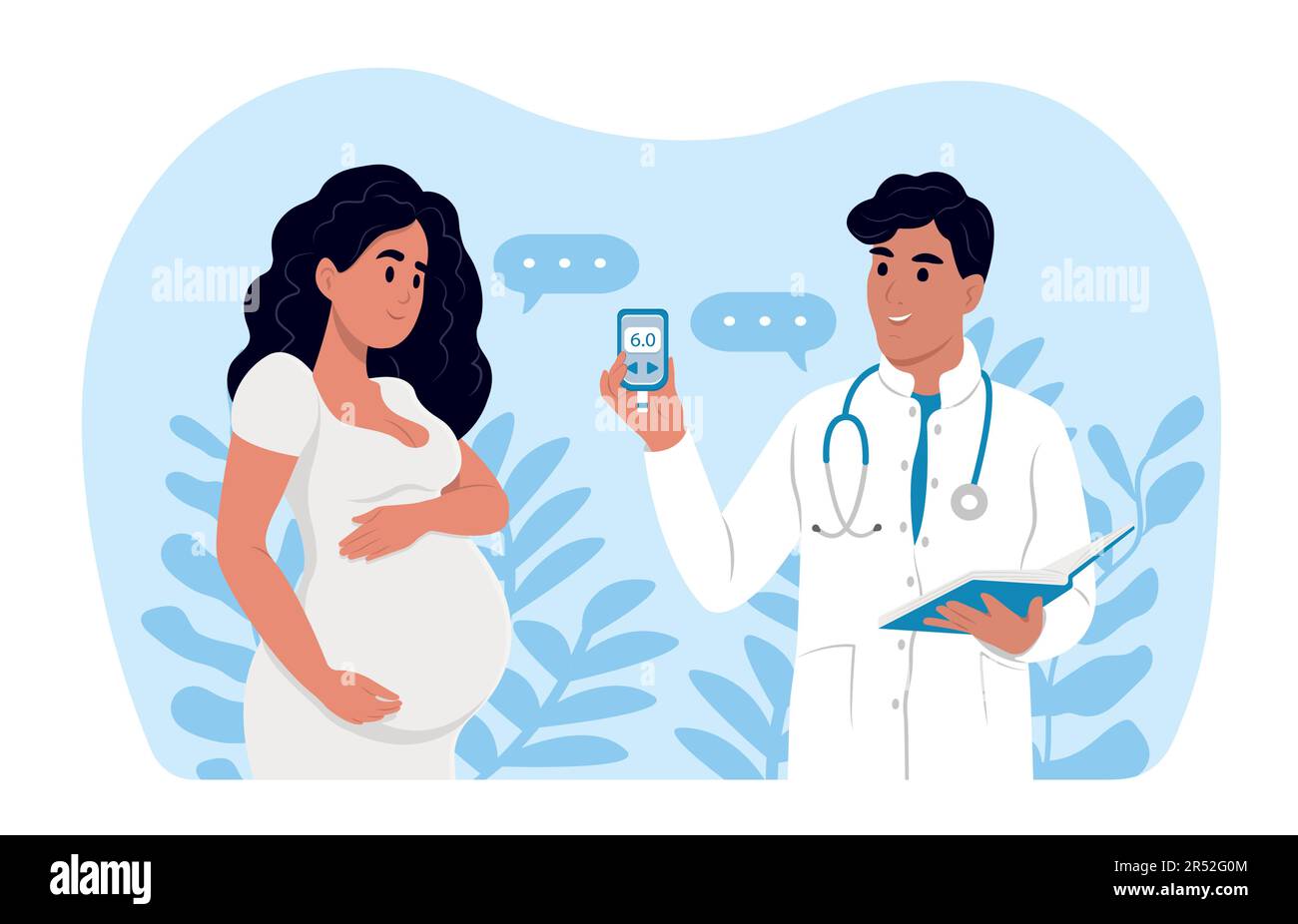 A young smiling gynecologist measures the sugar level of a pregnant