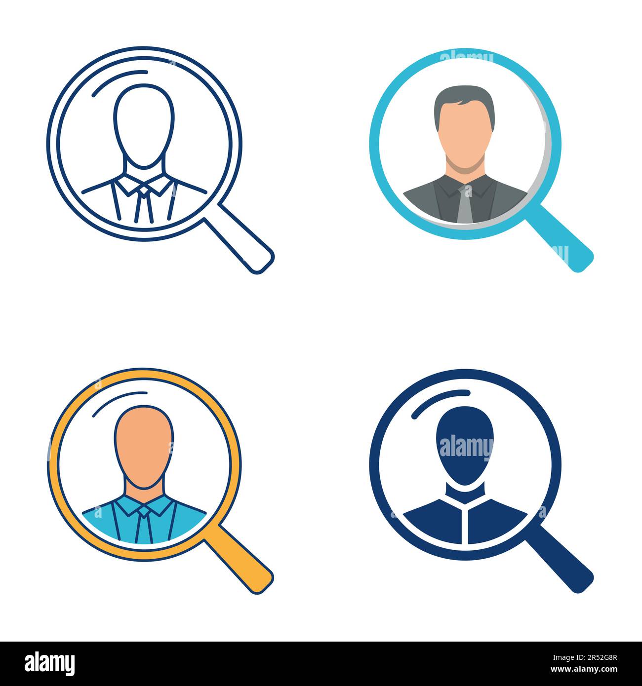 Man under magnifying glass icon set in flat and line style. The