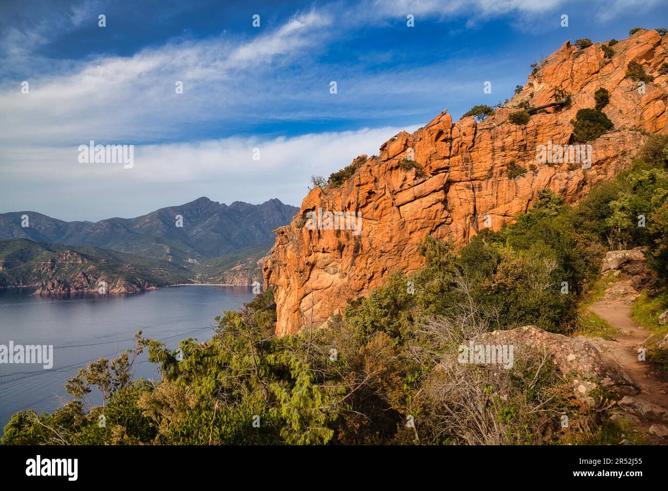 Red granite rocks, Tafoni, Calanches de Piana, sunset, Porto Bay ...