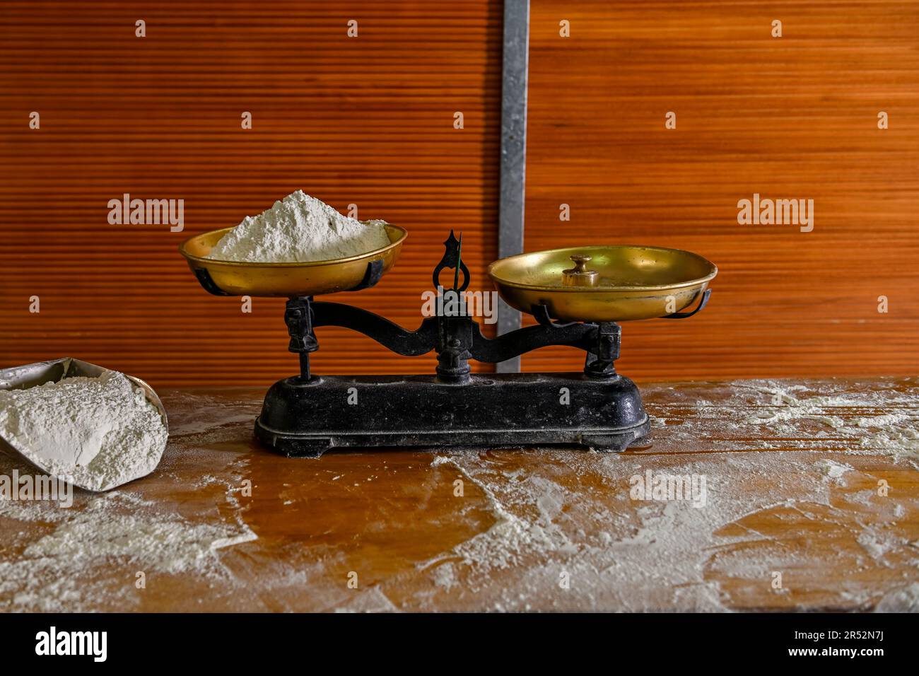 Double pan scale weighing flour in a bakery Stock Photo Alamy
